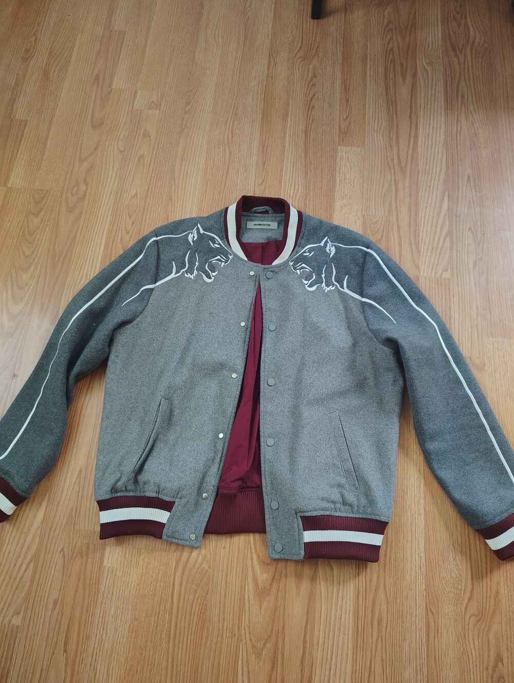 Maniere De Voir Grey Bomber Jacket with Maroon and Cream Trim